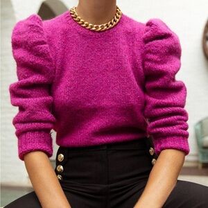 Derek Lam 10 Crosby Locken Puff Sleeve Crew Sweater Pink Fuchsia Wool Alpaca